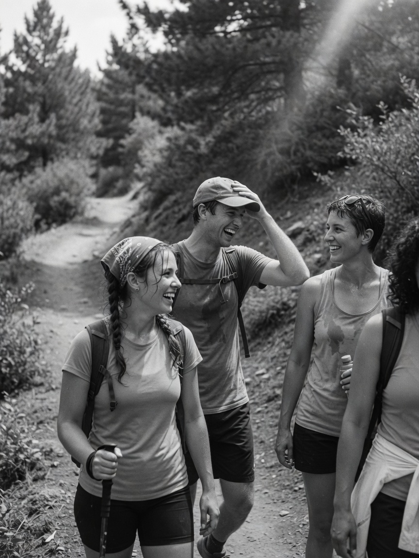 Amis en randonnée, moment candide